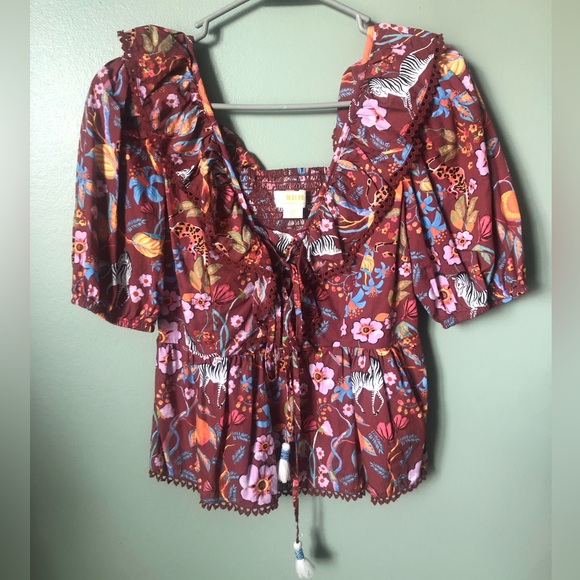 Anthropologie Maeve Ruffled Floral Zebra Print Tie-Front Blouse - Picture 2 of 4